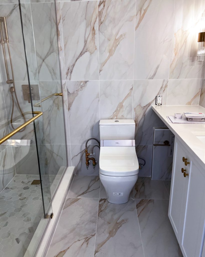 A luxury toilet in gold leaf marble