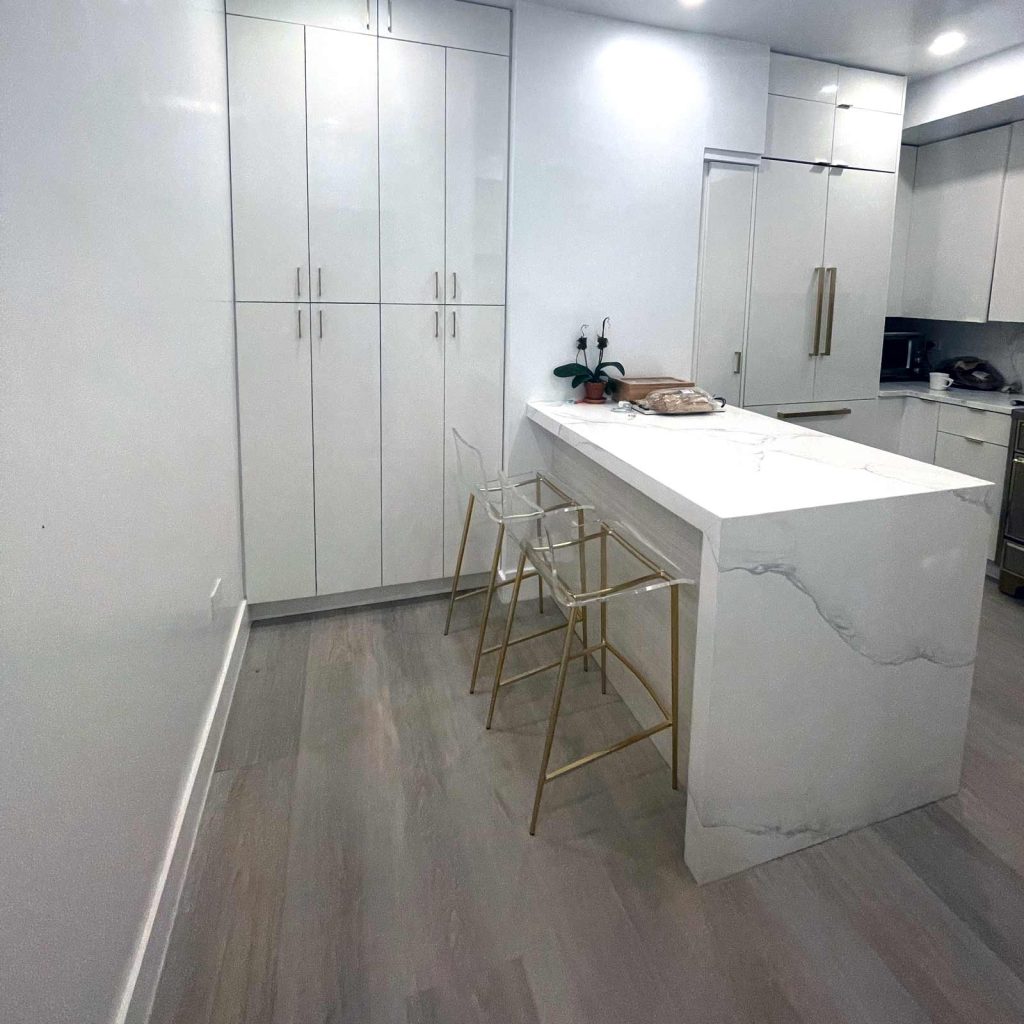 A luxury apartment kitchen featuring storage